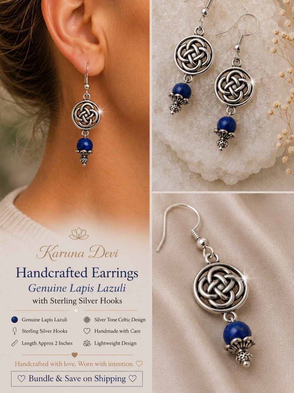 Genuine Lapis Sterling Silver Hook Earrings